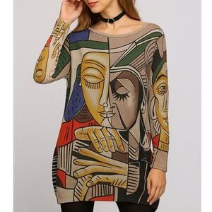 XIKOI Oversized Sweater Dress Wool Blend Abstract Print